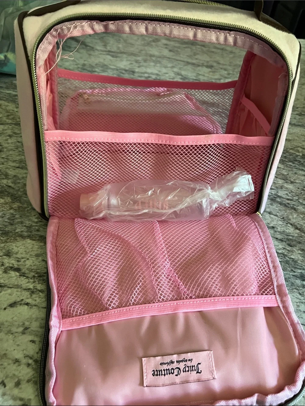 Juicy Couture Pink Velour Embroidered Cosmetic Bag with Travel Bottle NWT